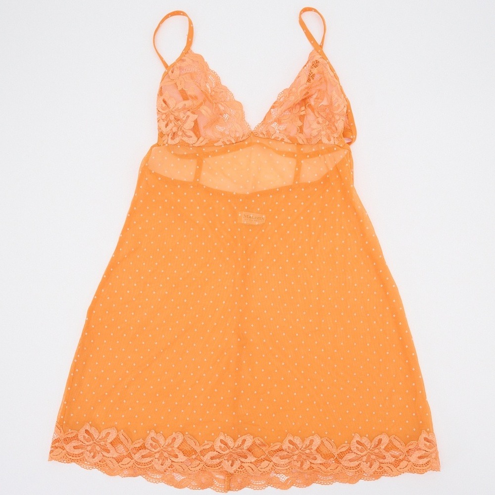 Malizia by La Perla Orange Babydoll Slip White Polka Dot Mesh Floral Lace